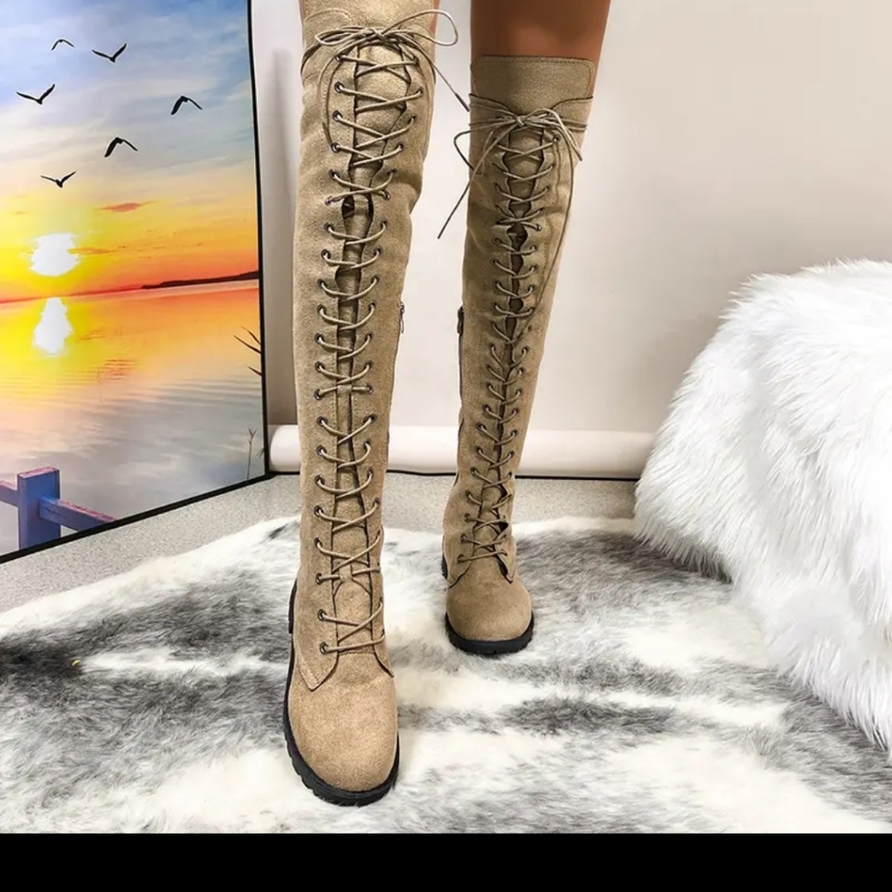 Thigh High Lace up and Side Zipper Boots